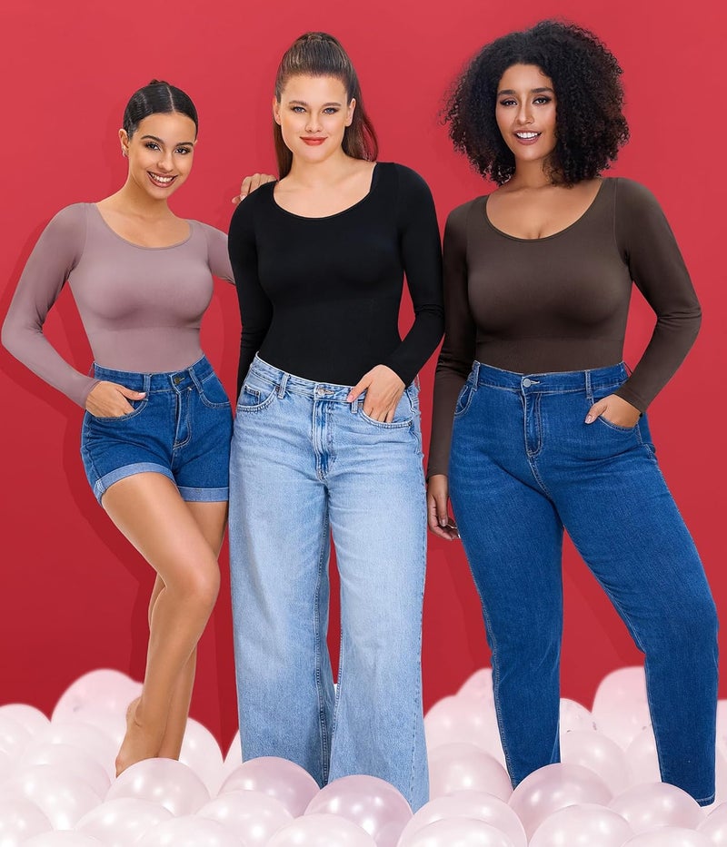 Nebility Long Sleeve Bodysuit for Women Tummy Control Crew Neck Body Suits Tops Slim Fit - Image 5